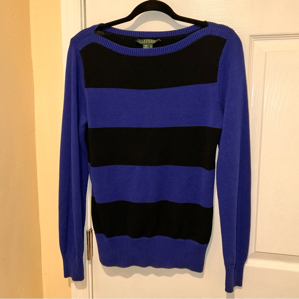 Lauren Ralph Lauren Blue Black Striped Long Sleeve Pullover Sweater Size Medium